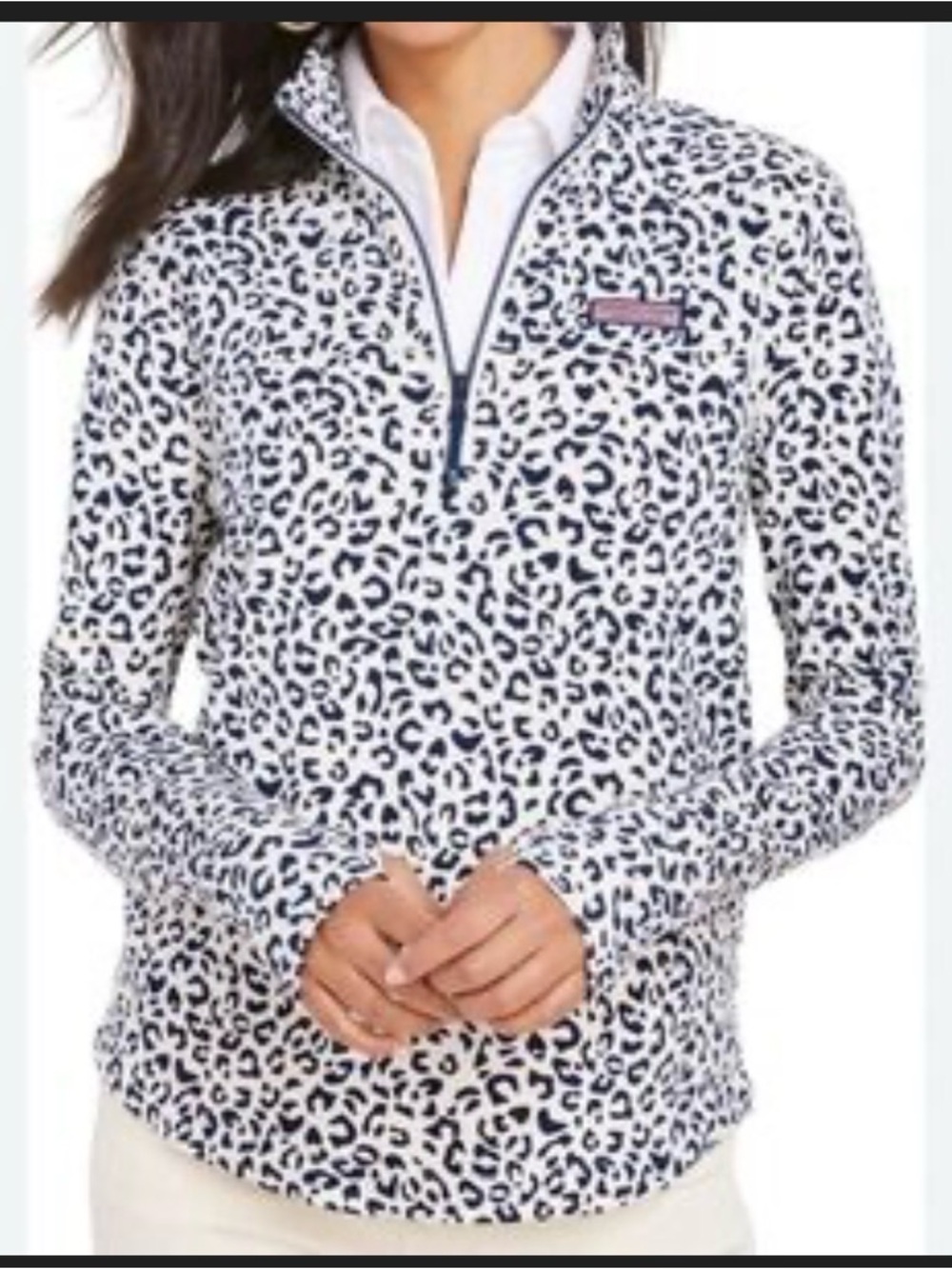 White & Navy Leopard Print Quarter-Zip Pullover vineyard Vines Large